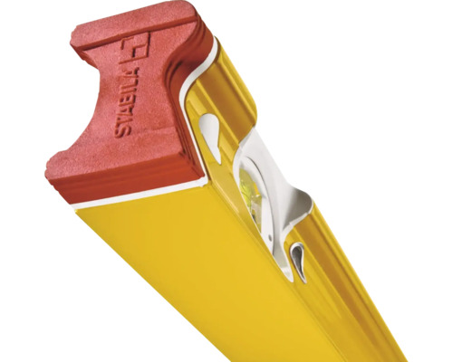 Niveau à bulle jaune Stabila en métal avec fiole, embout rouge et Stabila Logo.