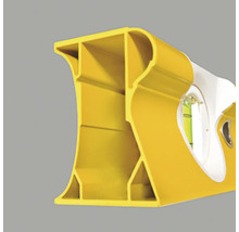 Vue détaillée d'un profil en I jaune d'un niveau à bulle avec une fiole verticale.