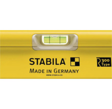 Vue détaillée d'un niveau à bulle Stabila avec fiole, Stabila Logo et informations sur l'origine.