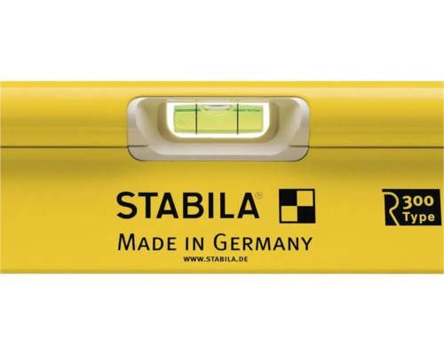 Vue détaillée d'un niveau à bulle Stabila avec fiole, Stabila Logo et informations sur l'origine.