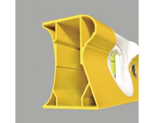 Vue détaillée d'un profil en I jaune d'un niveau à bulle avec une fiole verticale.