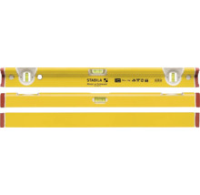Niveau à bulle Stabila jaune type R 300, 61 centimètres de long, en aluminium avec trois fioles sous différents angles. Stabila Logo.