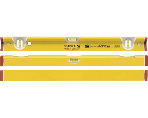 Niveau à bulle Stabila jaune type R 300, 61 centimètres de long, en aluminium avec trois fioles sous différents angles. Stabila Logo.