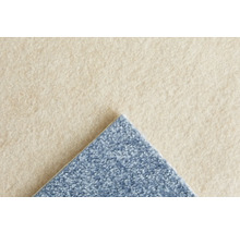 Gros plan d'une moquette beige et bleue avec une surface douce, texturée et des poils visibles.