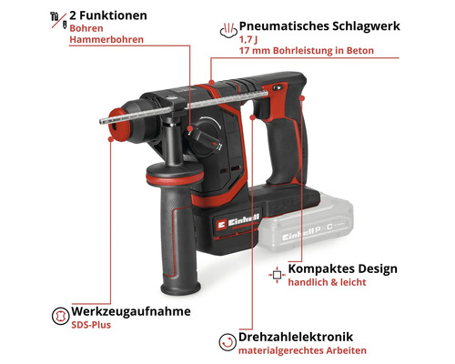 Marteau perforateur sans fil Einhell avec mandrin SDS-Plus, mécanisme de frappe pneumatique, deux fonctions et design compact.