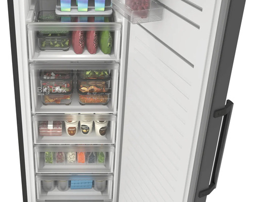 Vue intérieure d'un congélateur ouvert avec des tiroirs transparents et une Big Box, rempli de divers aliments.