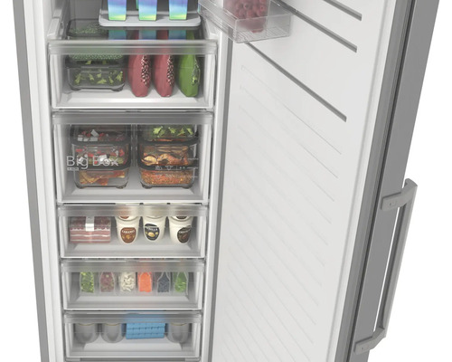 Intérieur d'un congélateur ouvert avec tiroirs transparents, compartiment Big Box et aliments surgelés rangés de manière ordonnée.