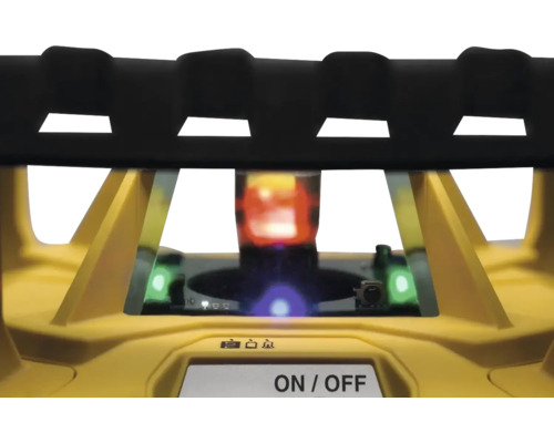 Vue détaillée d'un laser de chantier avec voyants de contrôle et interrupteur marche-arrêt.