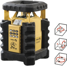 Laser rotatif Stabila LAR 350 avec boîtier robuste et schémas pour le nivellement horizontal et vertical.