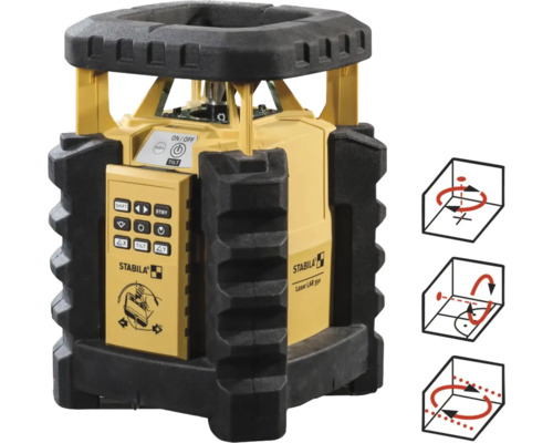 Laser rotatif Stabila LAR 350 avec boîtier robuste et schémas pour le nivellement horizontal et vertical.