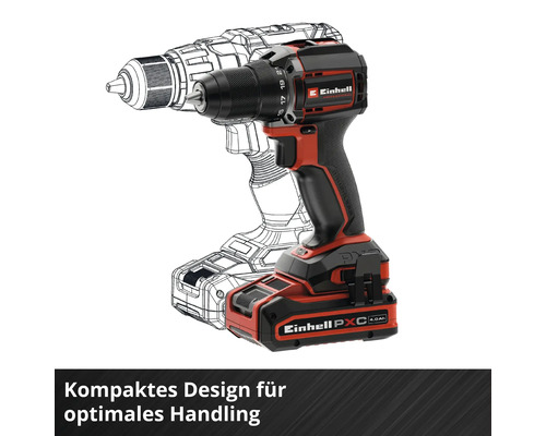 Perceuse-visseuse à batterie Einhell avec batterie de 4,0 Ampères-heures, design compact pour une manipulation optimale.