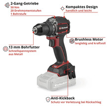Perceuse-visseuse sans fil Einhell, moteur sans balais, mandrin 13 millimètres, engrenage 2 vitesses, protection anti-recul et design compact.