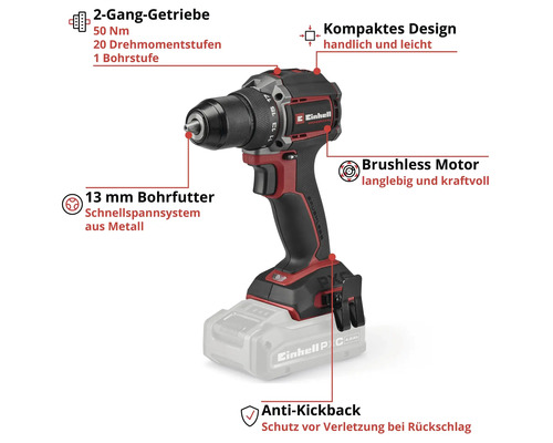 Perceuse-visseuse sans fil Einhell, moteur sans balais, mandrin 13 millimètres, engrenage 2 vitesses, protection anti-recul et design compact.