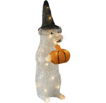 Beleuchtete LED-Dekofigur Maus mit schwarzem Hexenhut und orangefarbenem Kürbis, aus Kunststoff.