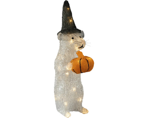 Beleuchtete LED-Dekofigur Maus mit schwarzem Hexenhut und orangefarbenem Kürbis, aus Kunststoff.