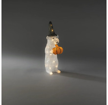 Beleuchtete Dekofigur weiße Maus mit schwarzem Hexenhut und orangefarbenem Kürbis, warmweißes Licht.