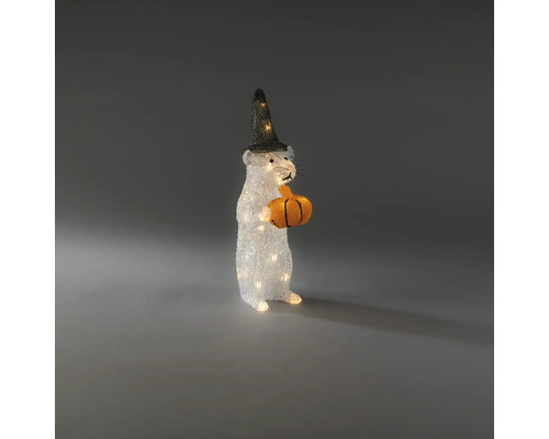 Beleuchtete Dekofigur weiße Maus mit schwarzem Hexenhut und orangefarbenem Kürbis, warmweißes Licht.