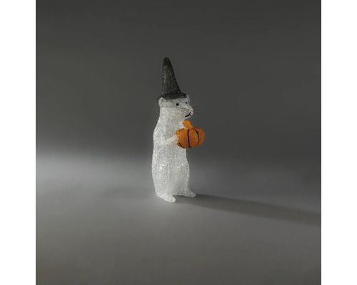 Halloween-Dekofigur Maus mit Hexenhut und Kürbis aus Acryl.