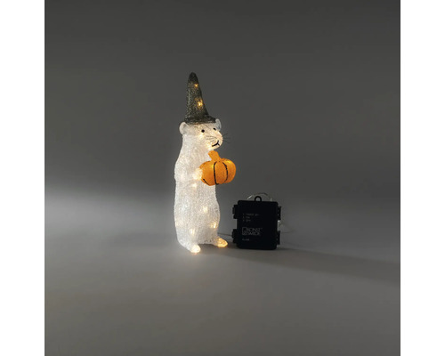 LED-Dekofigur Maus mit Hexenhut und Kürbis, batteriebetrieben.