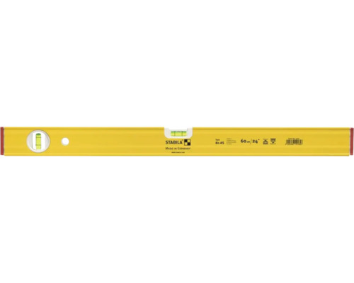Niveau à bulle jaune Stabila Type 80 AS, longueur 60 centimètres, profilé en aluminium avec fioles horizontale et verticale.