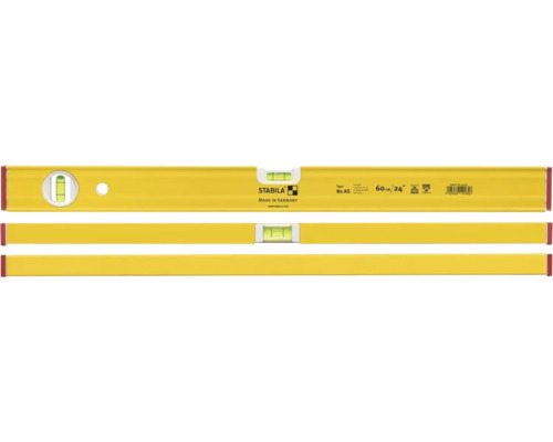 Niveau à bulle Stabila jaune type 80 AS, longueur 60 centimètres, avec fioles horizontale et verticale.