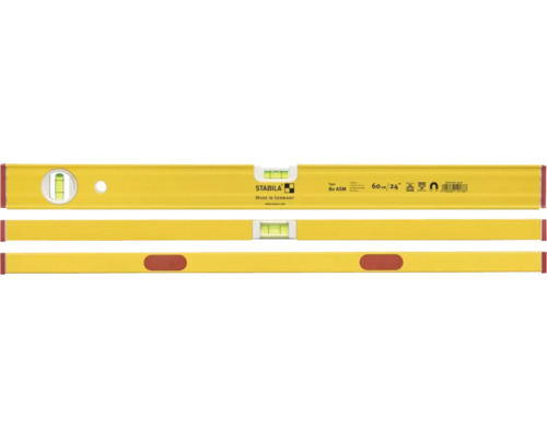 Gelbe Stabila Wasserwaage Type 80 ASM, 60 Zentimeter, magnetisch, mit Horizontal- und Vertikal-Libelle.