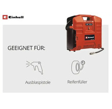 Compresseur Einhell adapté pour soufflette et gonfleur de pneus. Einhell Logo.
