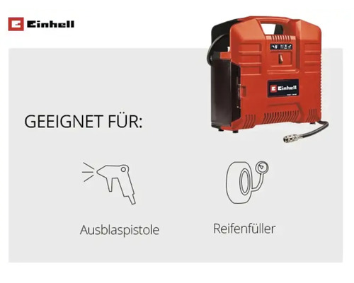 Compresseur Einhell adapté pour soufflette et gonfleur de pneus. Einhell Logo.