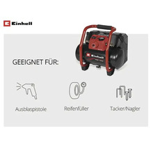 Compresseur Einhell adapté au pistolet de soufflage, au gonfleur de pneus et à l agrafeuse ou cloueuse.
