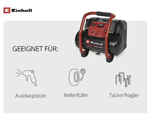 Compresseur Einhell adapté au pistolet de soufflage, au gonfleur de pneus et à l agrafeuse ou cloueuse.