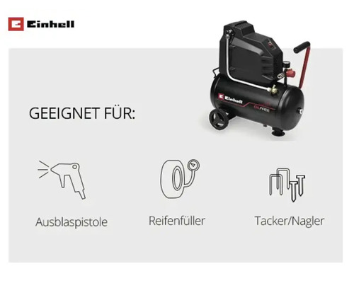 Einhell Kompressor geeignet für Ausblaspistole, Reifenfüller und Tacker oder Nagler. Einhell Logo.