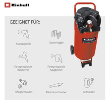 Logo Einhell. Compresseur Einhell et symboles d applications comme soufflette, agrafeuse, pistolet à peinture, boulonneuse et gonfle-pneu.