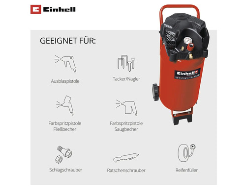 Logo Einhell. Compresseur Einhell et symboles d applications comme soufflette, agrafeuse, pistolet à peinture, boulonneuse et gonfle-pneu.