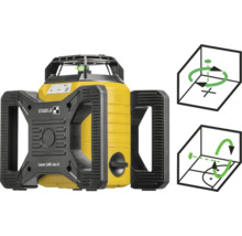 Laser rotatif Stabila LAR 160 G avec faisceau laser vert et schémas fonctionnels pour projection horizontale et verticale à 360 degrés.