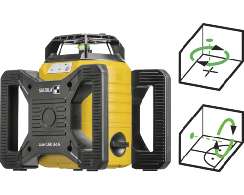 Laser rotatif Stabila LAR 160 G avec faisceau laser vert et schémas fonctionnels pour projection horizontale et verticale à 360 degrés.
