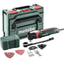 Ensemble d'outils multifonctions Metabo avec coffret, boîte d'accessoires, feuilles abrasives, lames de scie et raccord d'aspiration.