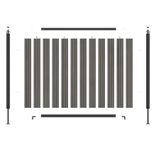 Vue éclatée d'un kit de clôture pare-vue avec lames, traverses et poteaux.