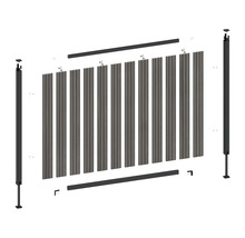 Vue éclatée d'un kit de clôture pare-vue avec des lames en composite, deux poteaux et des profilés de finition supérieurs et inférieurs.