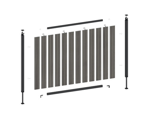 Vue éclatée d'un kit de clôture pare-vue avec des lames en composite, deux poteaux et des profilés de finition supérieurs et inférieurs.