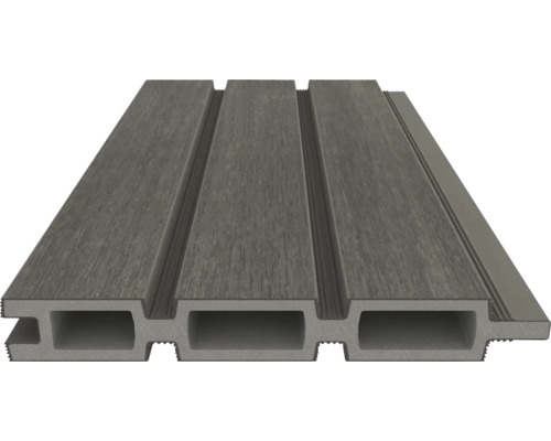 Panneau en composite bois-plastique avec profil à chambres creuses et texture grain de bois pour mur ou terrasse.