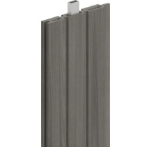 Profilé en composite bois-plastique avec grain de bois et renfort métallique pour clôtures de jardin.