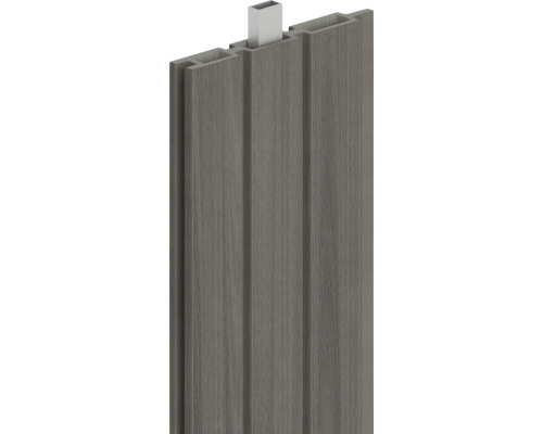 Profilé en composite bois-plastique avec grain de bois et renfort métallique pour clôtures de jardin.