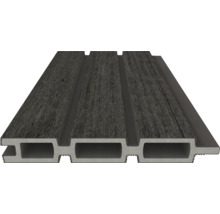 Lame de terrasse en composite bois-plastique avec profil alvéolaire et surface structurée aspect bois, anthracite.