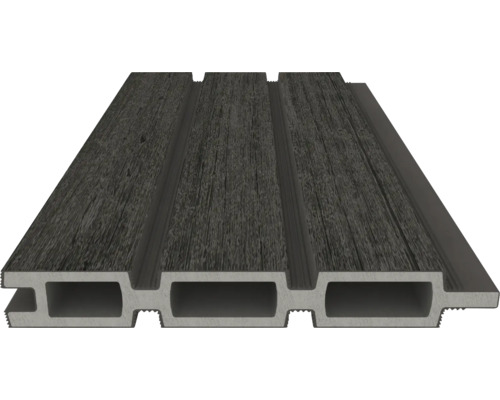 Lame de terrasse en composite bois-plastique avec profil alvéolaire et surface structurée aspect bois, anthracite.