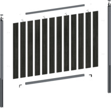 Vue éclatée d'un kit de clôture de jardin avec des lames sombres, deux poteaux et des profilés de finition supérieurs et inférieurs.