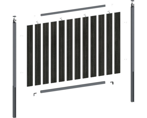 Vue éclatée d'un kit de clôture de jardin avec des lames sombres, deux poteaux et des profilés de finition supérieurs et inférieurs.