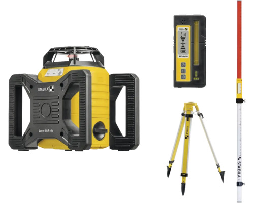 Stabila Rotationslaser LAR 160 Set mit Empfänger, Stativ und Nivellierlatte.
