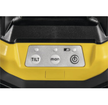 Bedienfeld eines Baugeräts mit Tasten für Tilt-Funktion, manuellen Modus und Ein-Aus-Schalter sowie Batteriestatus- und Betriebsanzeigen.