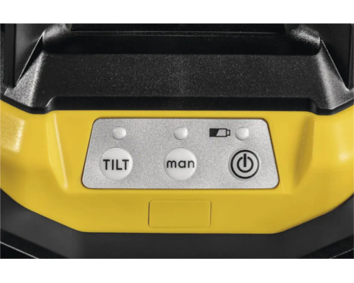Bedienfeld eines Baugeräts mit Tasten für Tilt-Funktion, manuellen Modus und Ein-Aus-Schalter sowie Batteriestatus- und Betriebsanzeigen.
