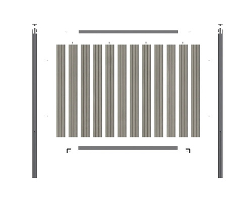 Kit de clôture pare-vue en WPC composé de lames verticales aspect bois, de deux poteaux et de rails de finition horizontaux.